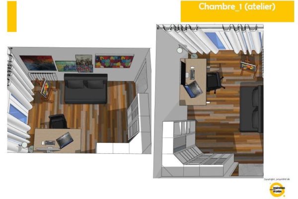 Rafraîchir un appartement - réalisation 3D chambre atelier - Inspirations en Pulpe
